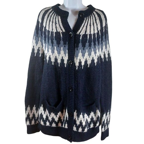 Abercrombie & Fitch M Fair Isle Cardigan Sweater Nordic Blue White Wool Blend - Picture 2 of 8